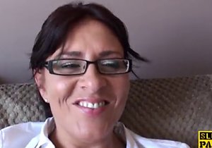 Glasses-wearing older lady dominated by a creep